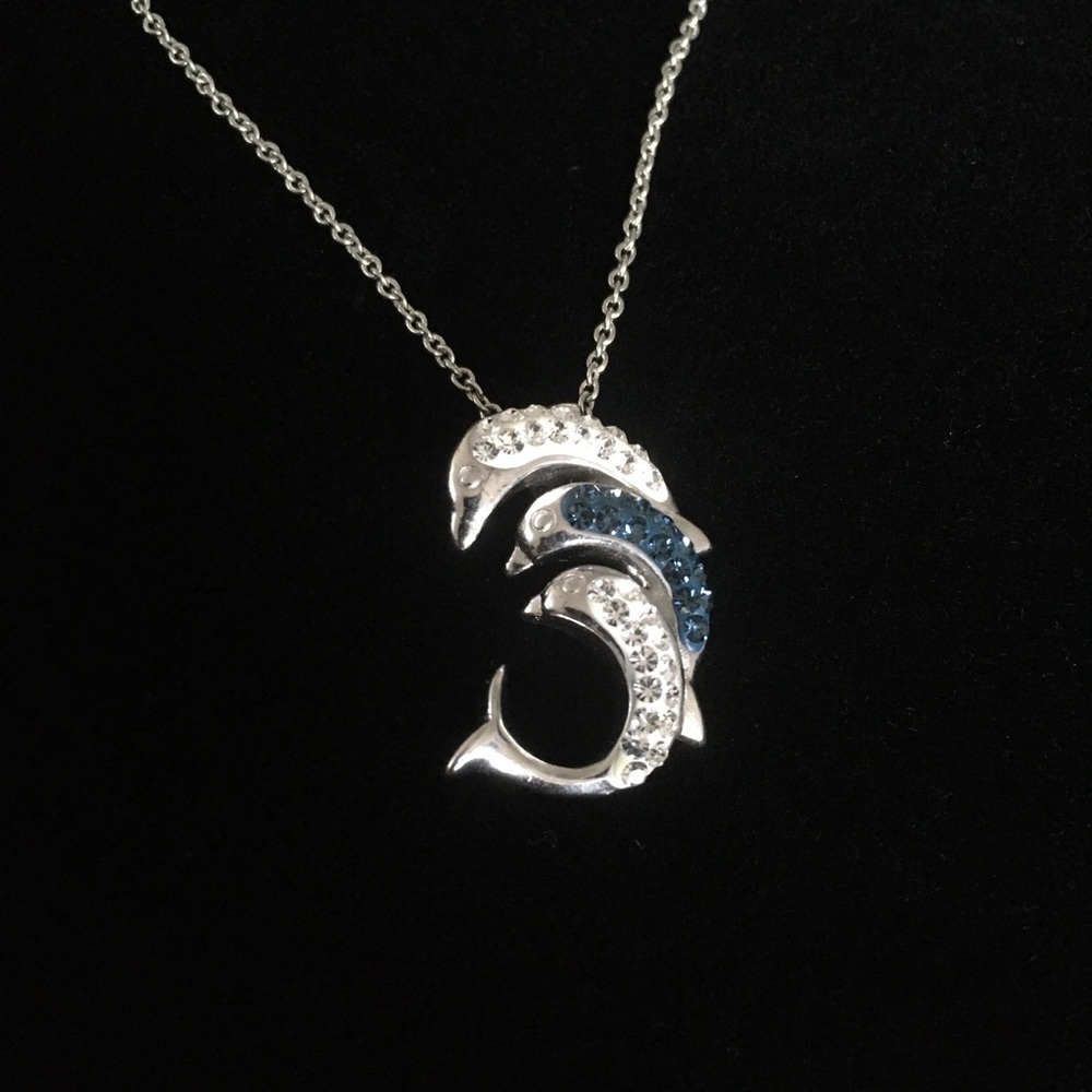 Silver Tone Rhinestone Crystal Dolphin Necklace - Picture 2 of 10